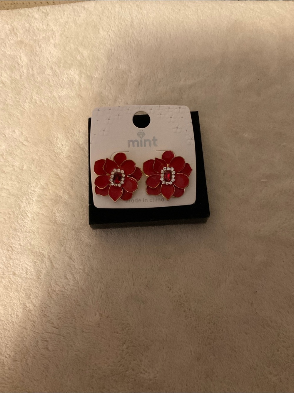 Mint Red Floral Stud Earrings with Crystal Centers